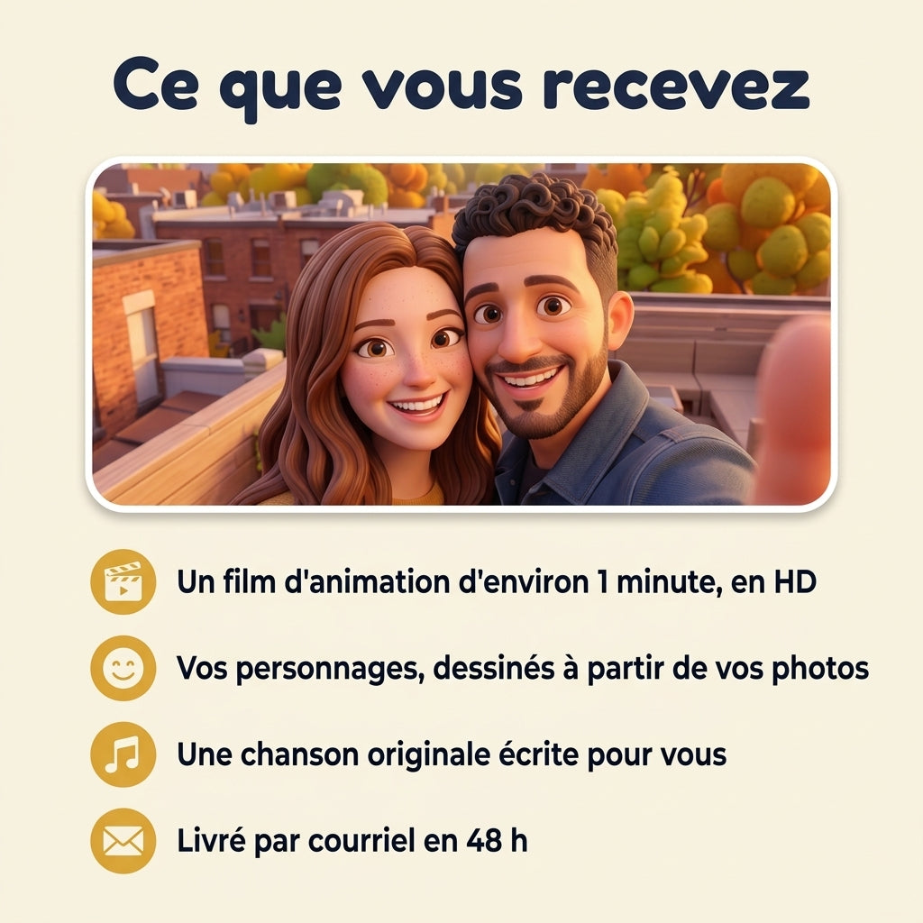 Ce que vous recevez : film, personnages, chanson, livré en 48 h
