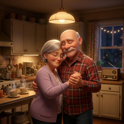 Couple qui danse dans la cuisine, en film d'animation