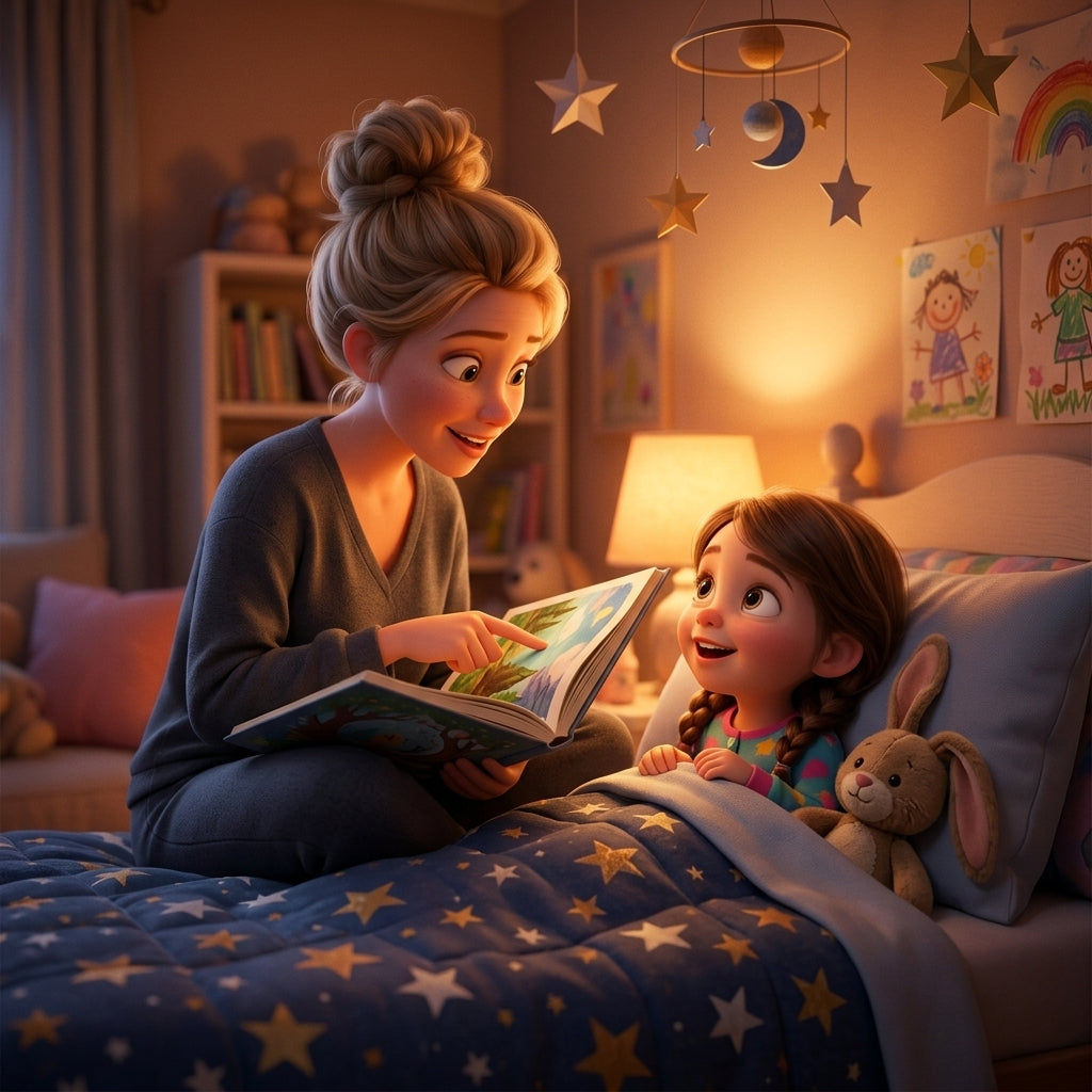 Histoire au lit, maman et sa fille en film d'animation