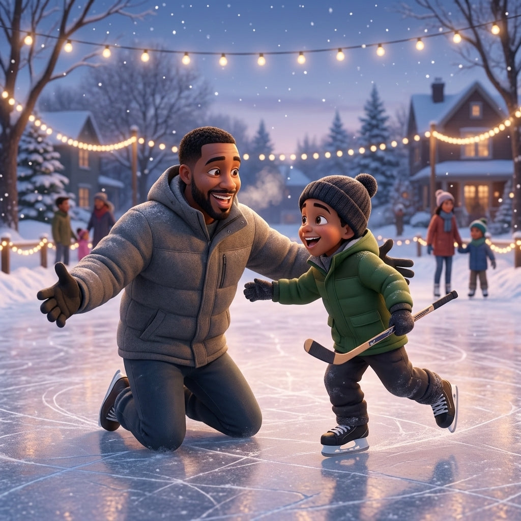 Papa et son fils à la patinoire, en film d'animation