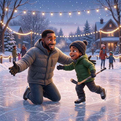 Papa et son fils à la patinoire, en film d'animation