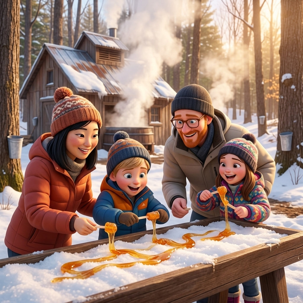 Famille à la cabane à sucre, en film d'animation