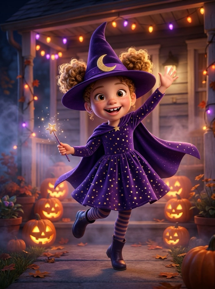 Léa dans son costume de sorcière des étoiles, personnage de son film d'Halloween